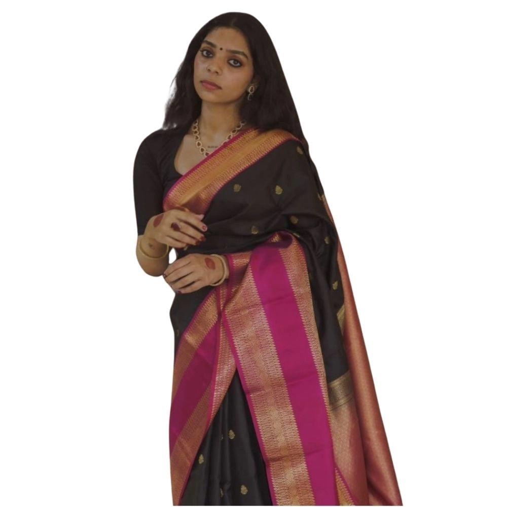 Black-Pink silk printed saree with unstitched blouse (5.5Mtr), luxury Indian women's fashion accessory on mannequin