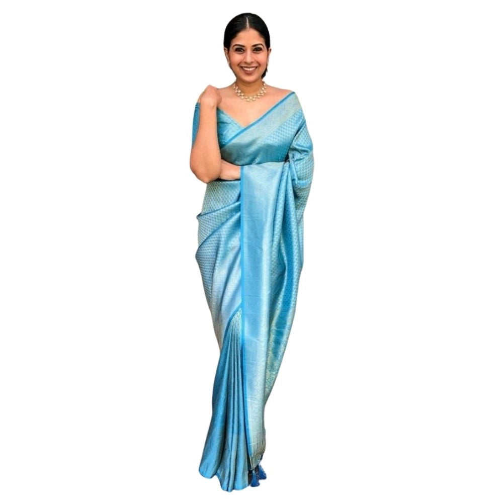Sky blue silk printed saree with unstitched blouse (5.5Mtr), luxurious silk fabric, traditional Indian women's attire on mannequin
