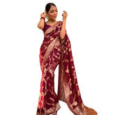 Maroon silk printed saree with unstitched blouse (5.5Mtr), luxury women's ethnic wear