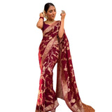 Maroon silk printed saree with unstitched blouse, luxurious Eastern wear for women on mannequin
