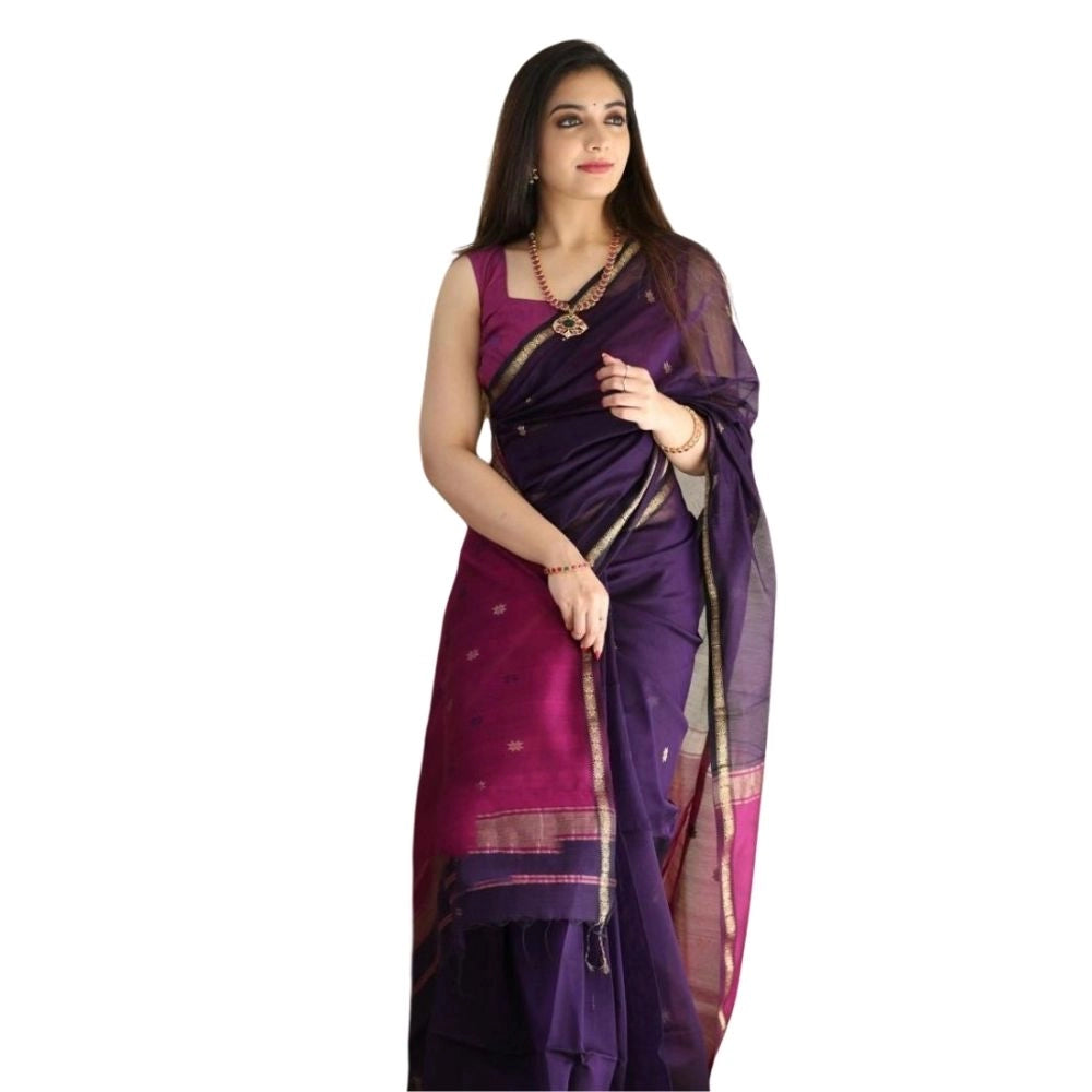 Navy blue cotton printed saree with unstitched blouse, vibrant design for women's traditional wear on mannequin