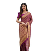 Women's wine silk printed saree with unstitched blouse (5.5Mtr), elegant silk fabric on display