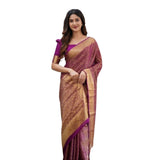 Women's wine silk printed saree with unstitched blouse (5.5Mtr), elegant silk fabric on display
