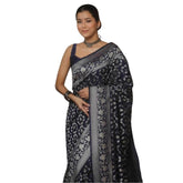 Navy blue silk printed saree with unstitched blouse, luxurious and vibrant Indian women's wear