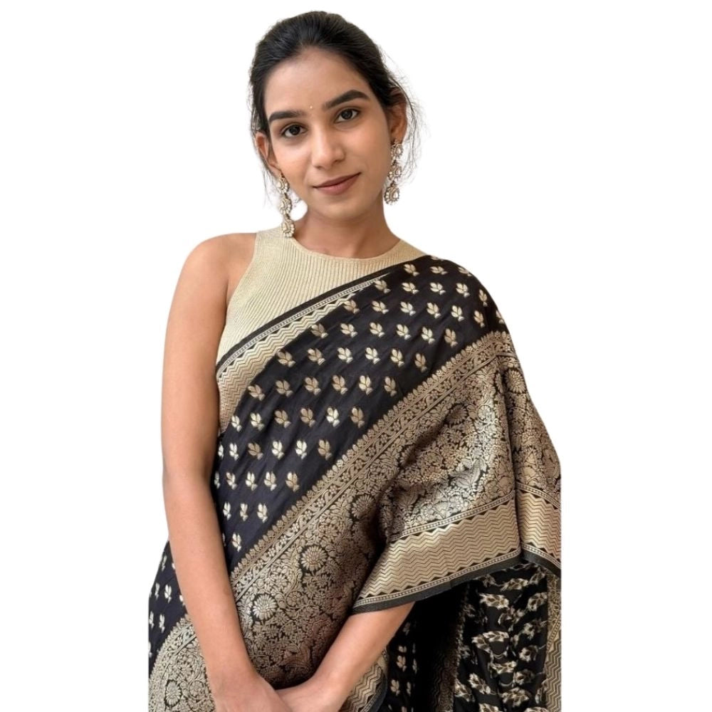 Black silk printed saree with unstitched blouse (5.5mtr), intricate design on display
