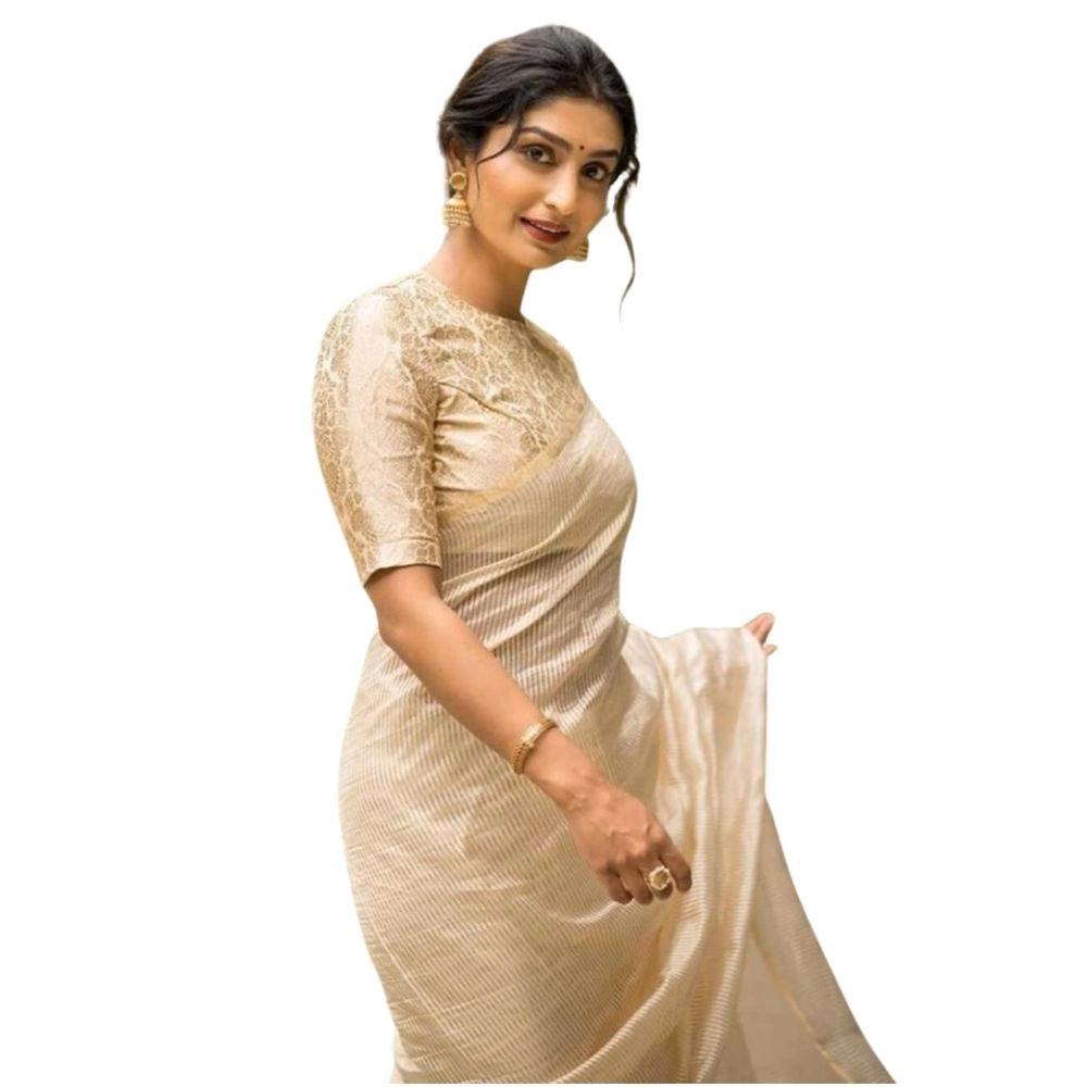 Off-white silk printed saree with unstitched blouse (5.5Mtr), intricate design on elegant Indian women's attire