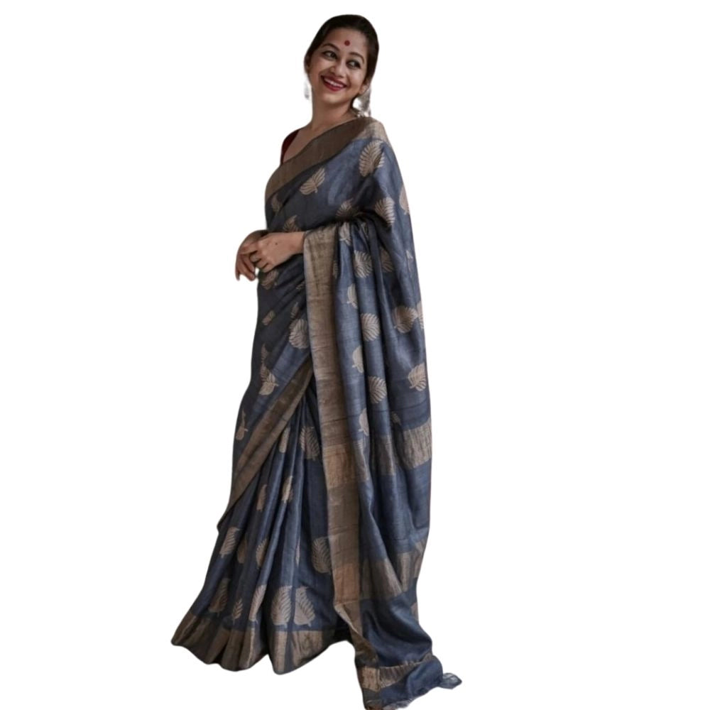 Grey silk printed saree with unstitched blouse, 5.5Mtr length on mannequin for women's traditional wear