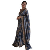 Grey silk printed saree with unstitched blouse (5.5mtr), elegant Indian women's wear on mannequin