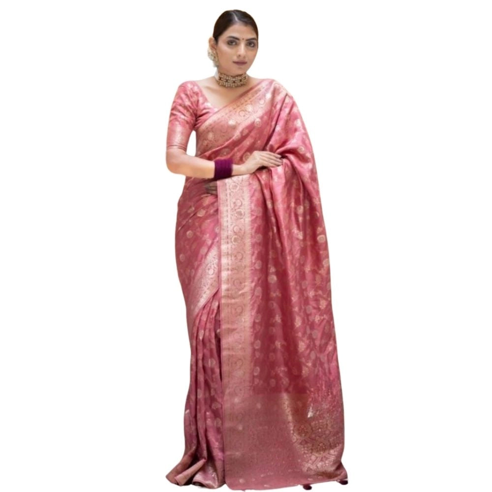 Peach silk printed saree with unstitched blouse (5.5mtr), elegant Indian women's wear for traditional events