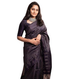 Black silk printed saree with unstitched blouse, 5.5mtr length on model