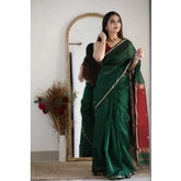 Dark green cotton printed saree with unstitched blouse (5.5mtr) - traditional Indian women's wear