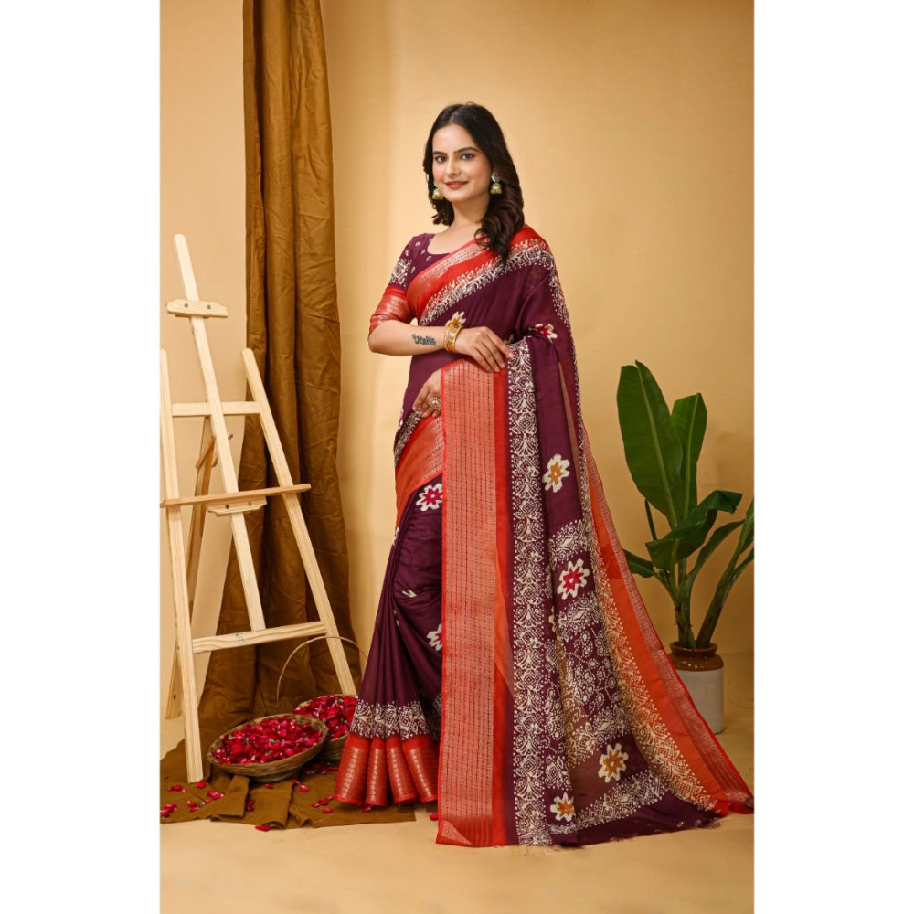 Women's soft wine kalamkari printed marshmallow fabric saree with unstitched blouse, vibrant floral patterns on display