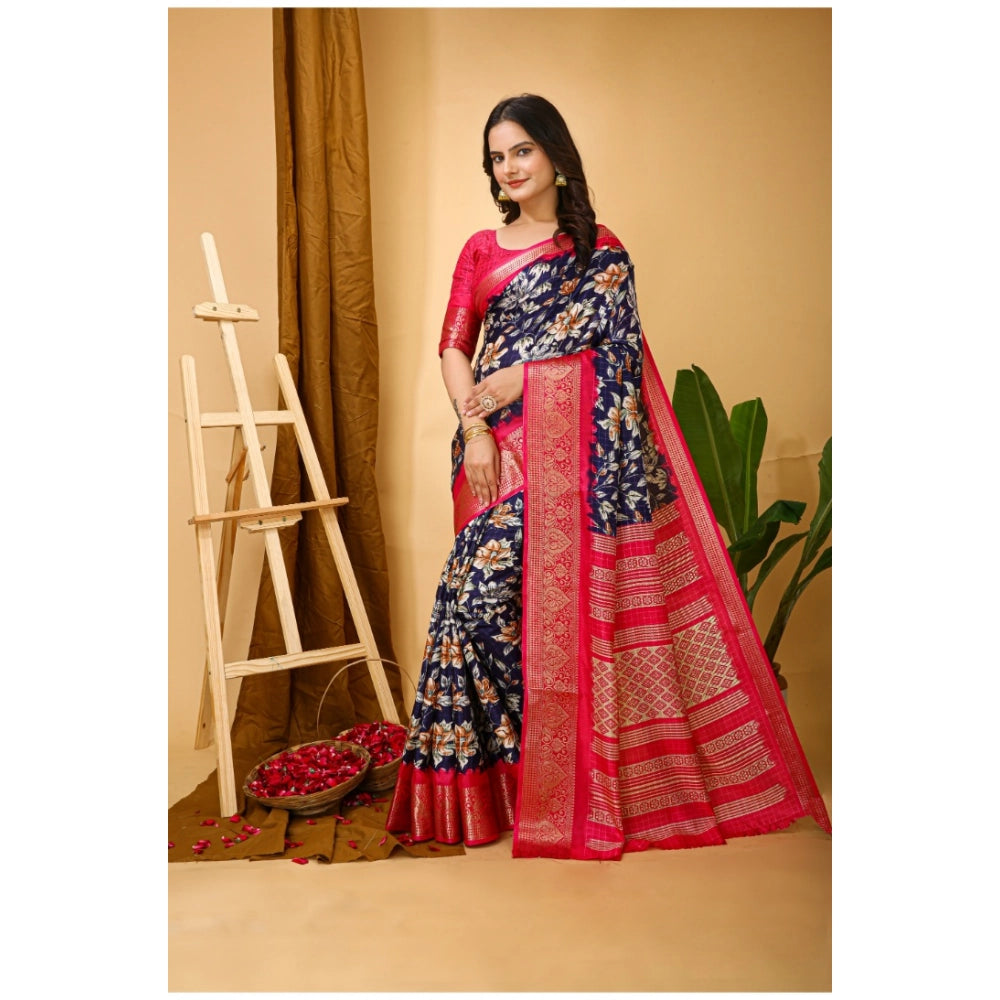 Navy blue soft Dola cotton kalamkari printed saree with unstitched blouse, traditional Indian women's attire on mannequin