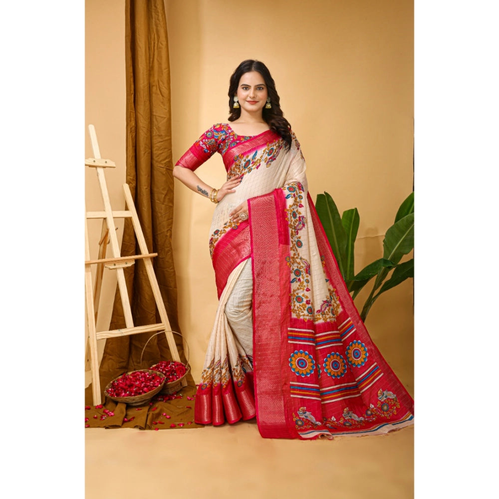 Red soft Dola cotton Kalamkari printed saree with unstitched blouse, vibrant traditional Indian attire on mannequin