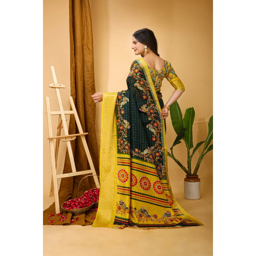 Green soft Dola cotton kalamkari printed saree with unstitched blouse, traditional Indian women's fashion accessory