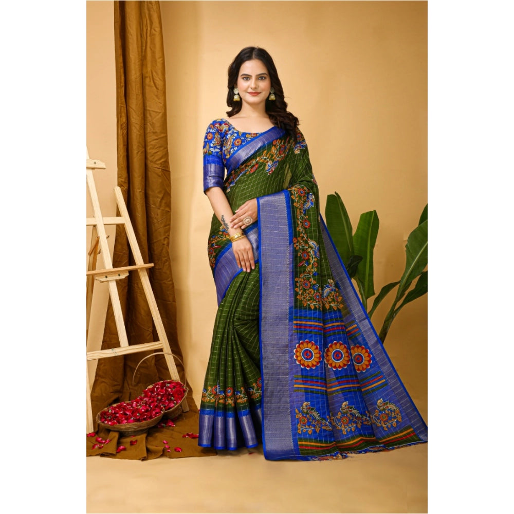 Mehendi colored soft Dola cotton Kalamkari printed saree with unstitched blouse, traditional Indian women's outfit on mannequin