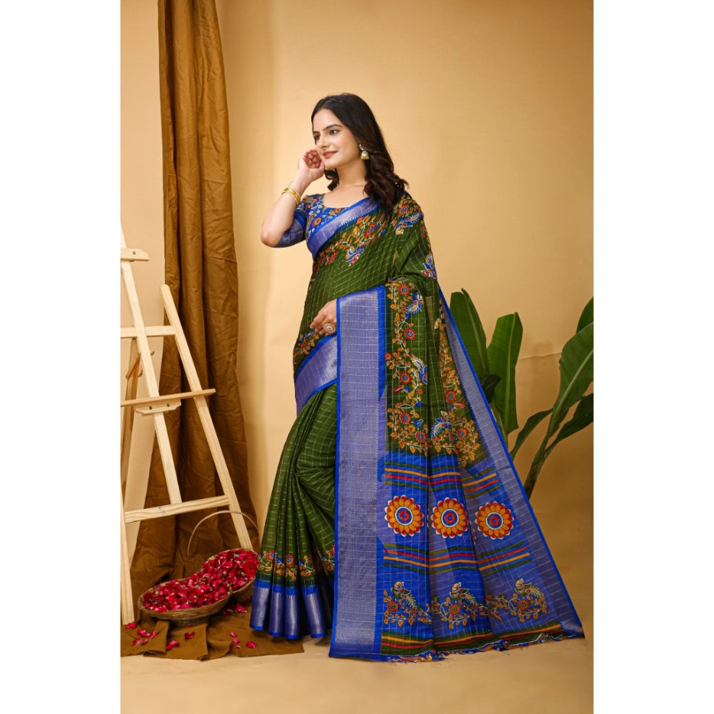 Mehendi-colored soft Dola cotton kalamkari printed saree with unstitched blouse, vibrant Indian traditional attire on mannequin