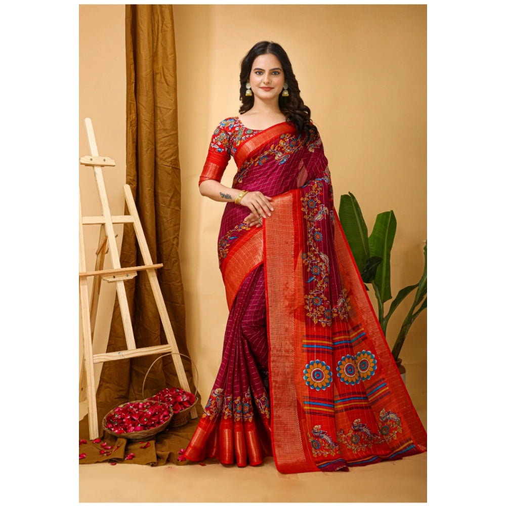 Maroon Dola Cotton Kalamkari Saree with Unstitched Blouse, vibrant Indian traditional wear