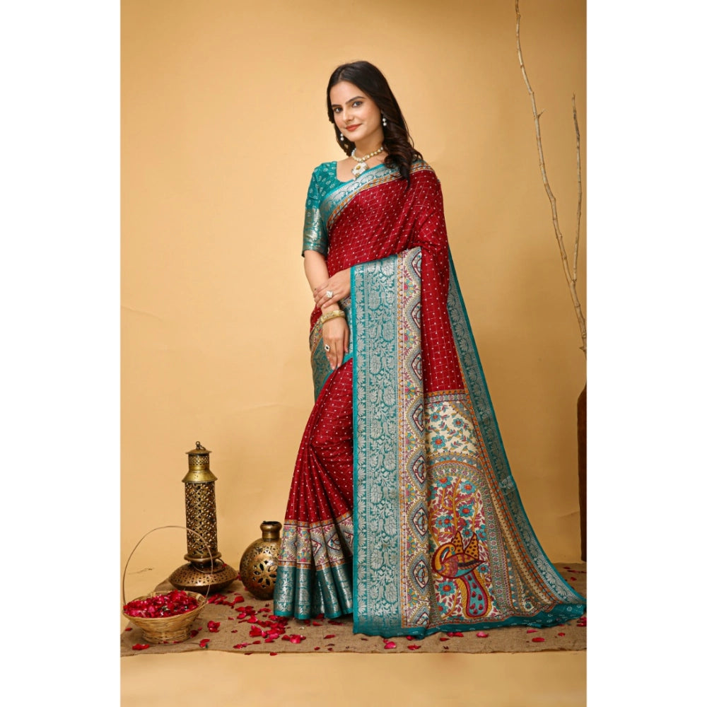 Red soft Dola cotton kalamkari printed saree with unstitched blouse, traditional Indian women's wear accessory