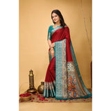 Red soft Dola cotton kalamkari printed saree with unstitched blouse, traditional Indian women's wear accessory