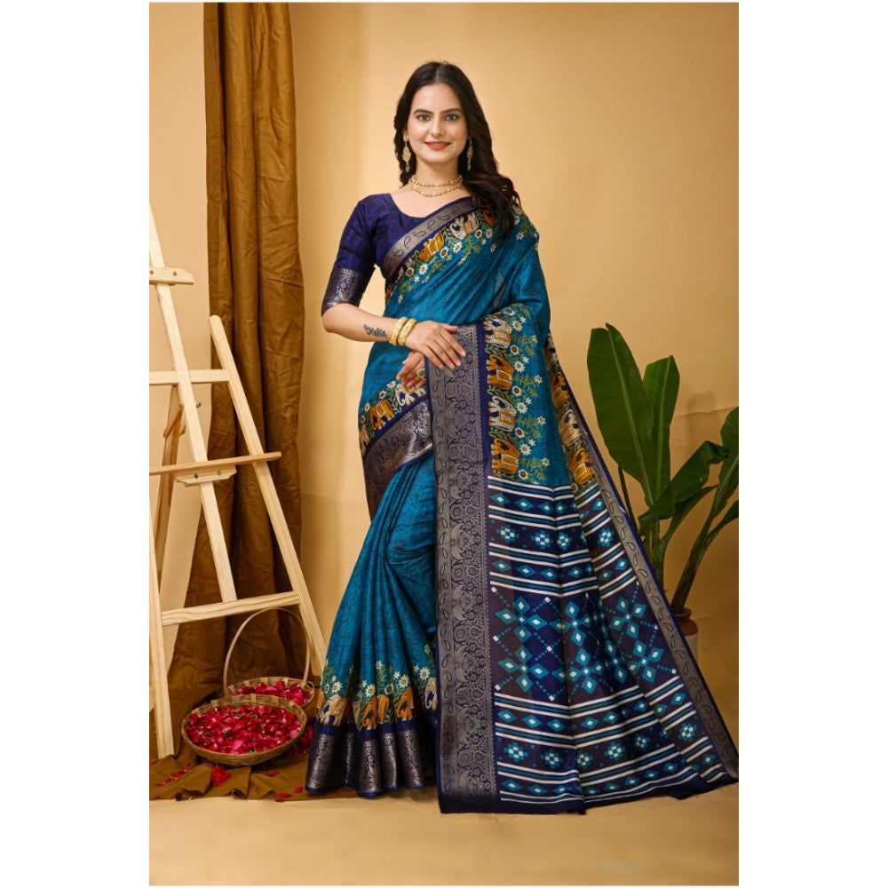 Blue soft dola cotton kalamkari printed saree with unstitched blouse, traditional Indian women's fashion accessory on mannequin