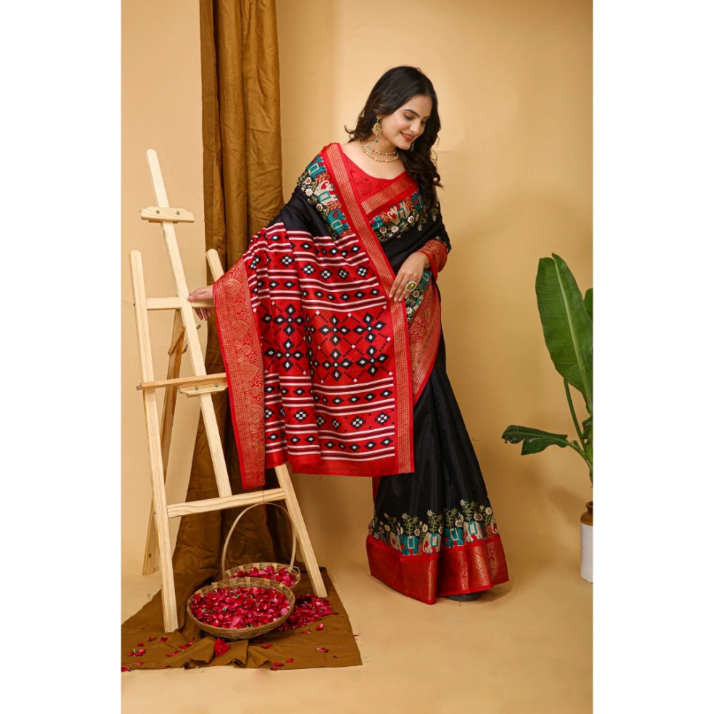 Black Kalamkari-printed soft Dola cotton saree with unstitched blouse, traditional Indian women's wear