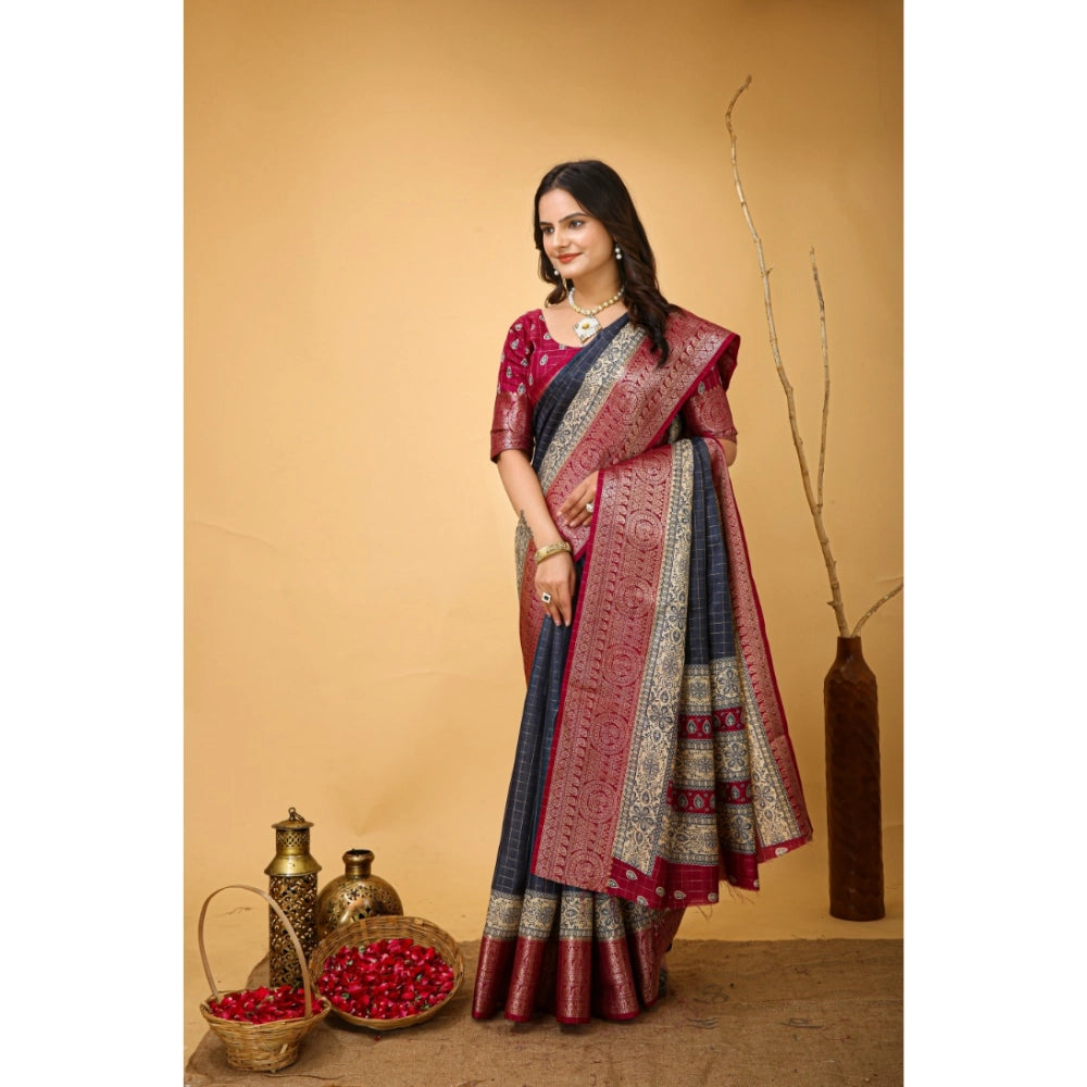 Grey Kalamkari printed soft dola cotton saree with unstitched blouse, traditional Indian attire on model