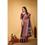 Grey Kalamkari printed soft dola cotton saree with unstitched blouse, traditional Indian attire on model