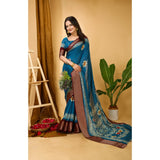 Blue soft blooming marshmallow fabric kalamkari printed saree with unstitched blouse, traditional Indian attire on model