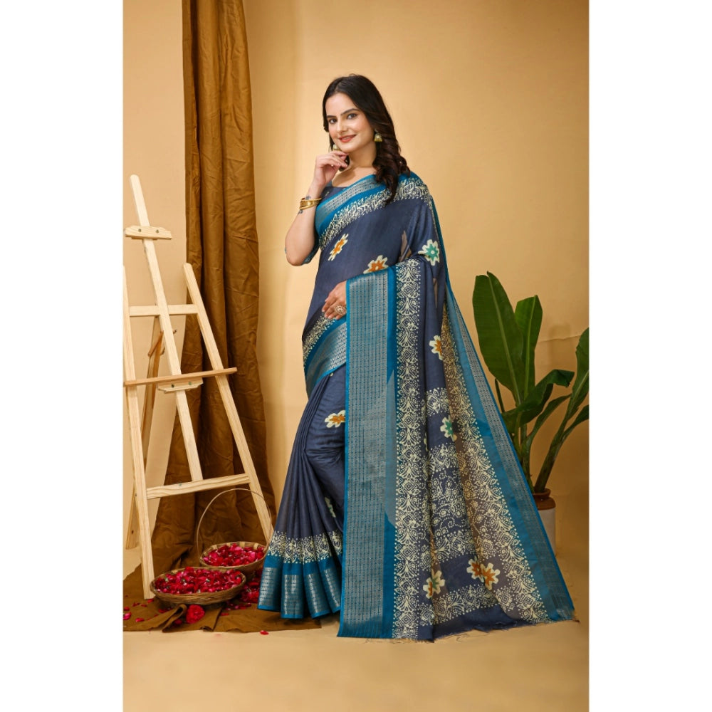 Grey soft blooming marshmallow fabric kalamkari printed saree with unstitched blouse, vibrant floral design on a traditional Indian background