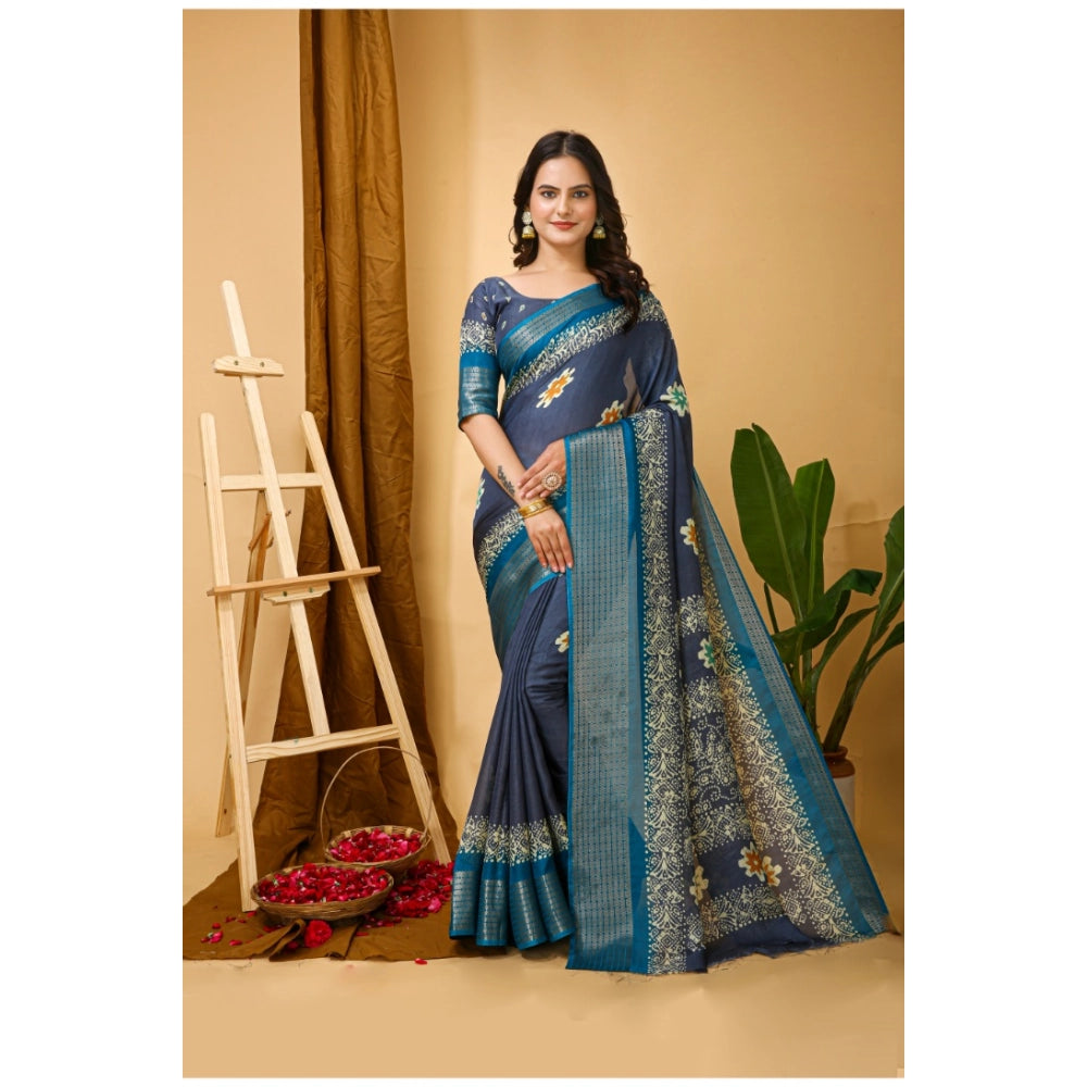 Grey kalamkari printed saree with unstitched blouse in soft blooming marshmallow fabric