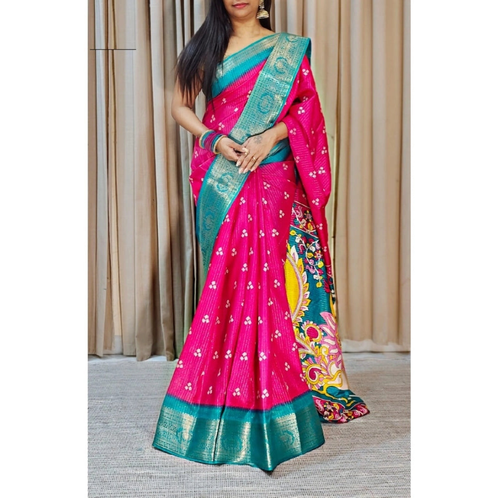 Pink soft Dola cotton kalamkari printed saree with unstitched blouse, traditional Indian women's attire
