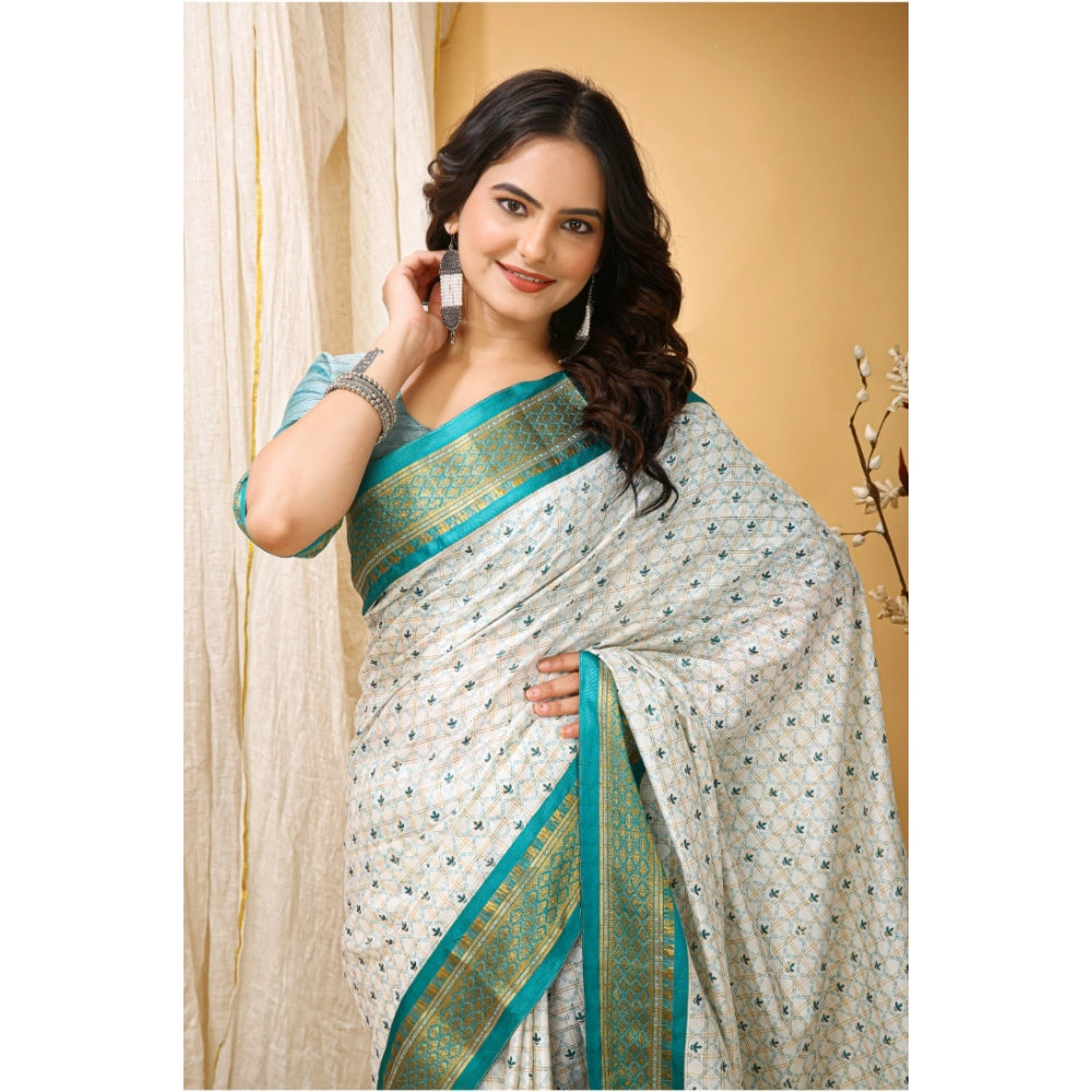 Rama green soft cotton silk printed saree with unstitched blouse, vibrant floral pattern