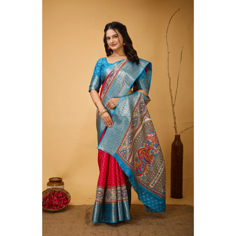 Pink soft Dola cotton kalamkari printed saree with unstitched blouse, 5.5mtr (close-up)