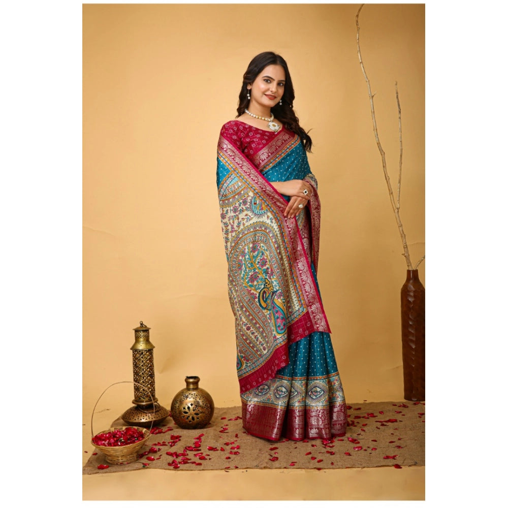 Sky blue soft Dola cotton kalamkari printed saree with unstitched blouse, traditional Indian women's attire on display