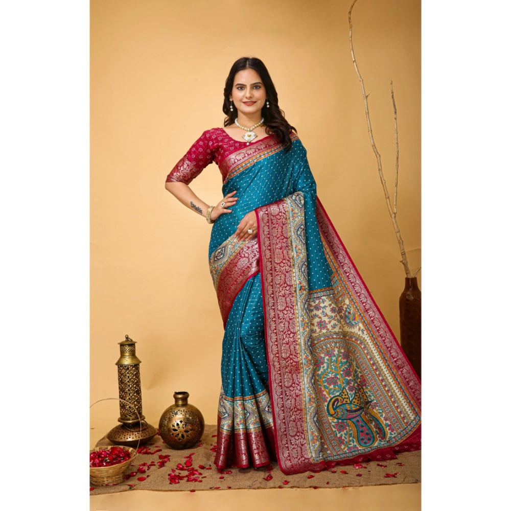 Sky blue Kalamkari printed soft dola cotton saree with unstitched blouse, traditional Indian wear