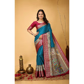 Sky blue Kalamkari printed soft dola cotton saree with unstitched blouse, traditional Indian wear