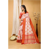 Red soft cotton silk printed saree with unstitched blouse, vibrant pattern for traditional Indian wear