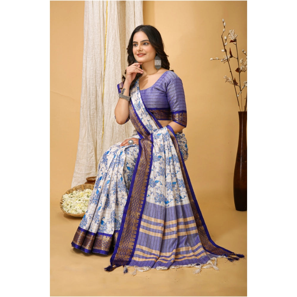 Purple soft cotton silk printed saree with unstitched blouse, ideal for traditional wear