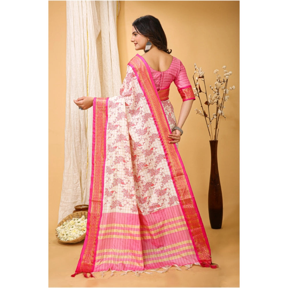 Women's pink soft cotton silk printed saree with unstitched blouse, vibrant design on display