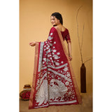 Maroon soft handloom cotton kalamkari printed saree with unstitched blouse, traditional Indian women's fashion accessory
