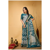 Soft handloom turquoise kalamkari printed saree with unstitched blouse, Indian ethnic wear for women on display rack