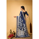 Blue soft handloom cotton Kalamkari printed saree with unstitched blouse, traditional Indian women's wear on mannequin