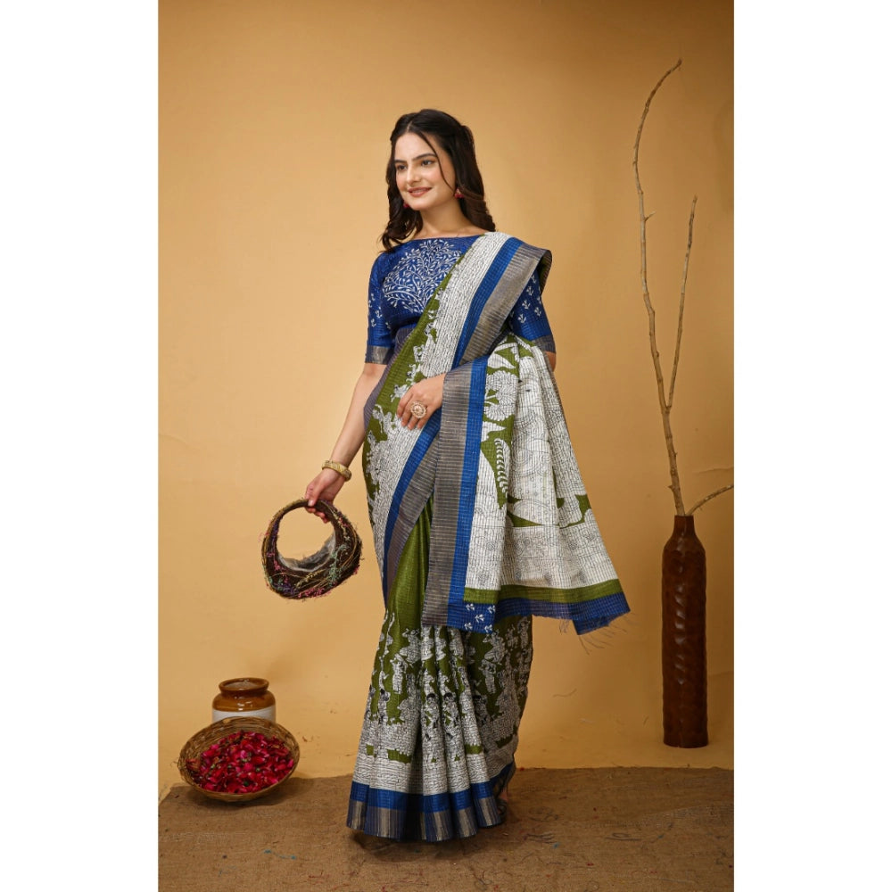 Soft handloom cotton mehendi kalamkari printed saree with unstitched blouse, vibrant floral design on display