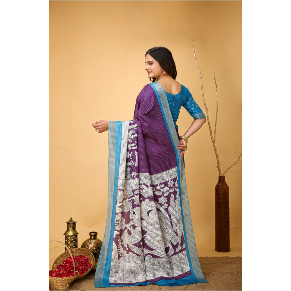 Purple soft handloom cotton Kalamkari printed saree with unstitched blouse, traditional Indian attire on mannequin