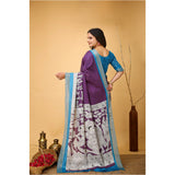 Purple soft handloom cotton Kalamkari printed saree with unstitched blouse, traditional Indian attire on mannequin