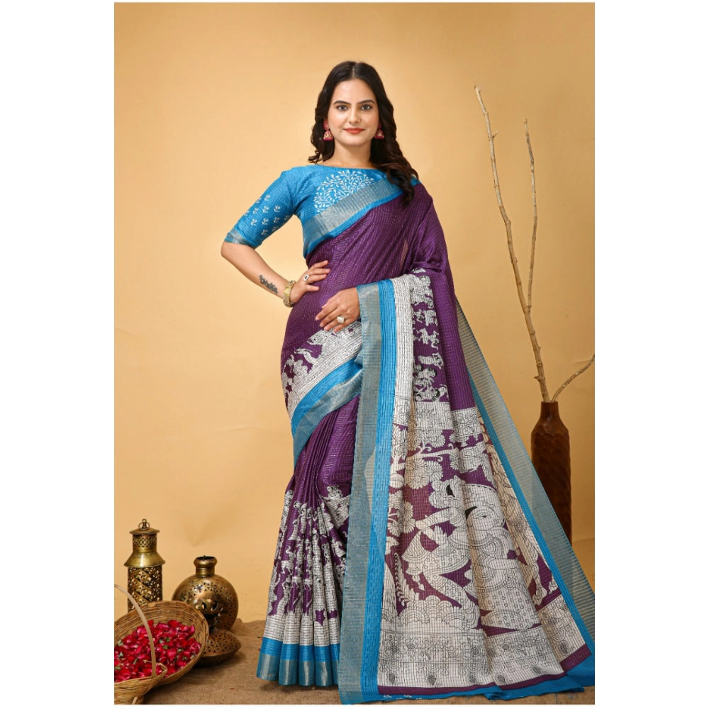 Purple handloom cotton kalamkari printed saree with unstitched blouse, soft fabric and vibrant design