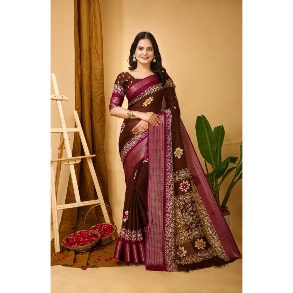 Maroon Kalamkari printed saree with unstitched blouse, soft marshmallow fabric for women