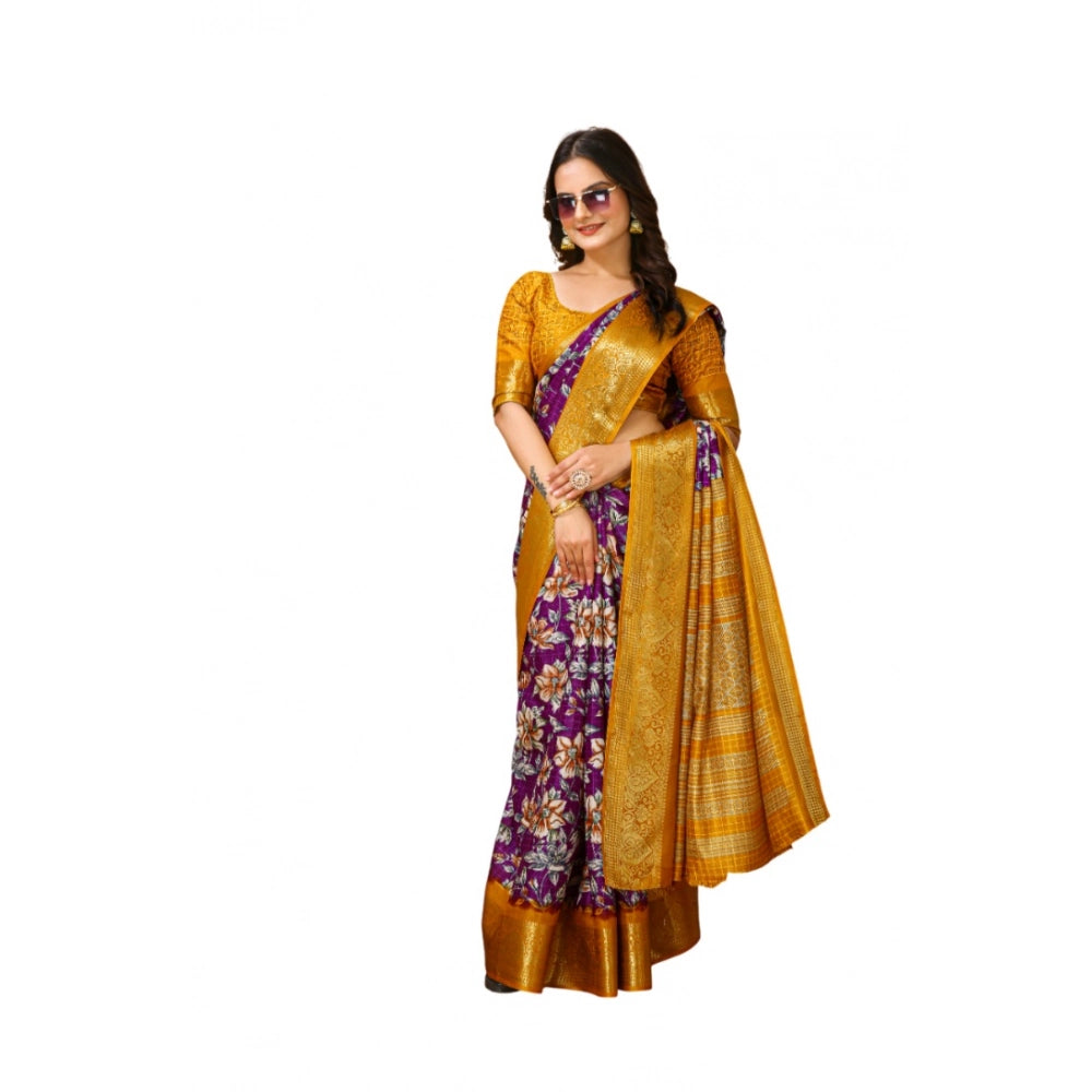 Purple soft Dola cotton kalamkari printed saree with unstitched blouse, traditional Indian attire on mannequin