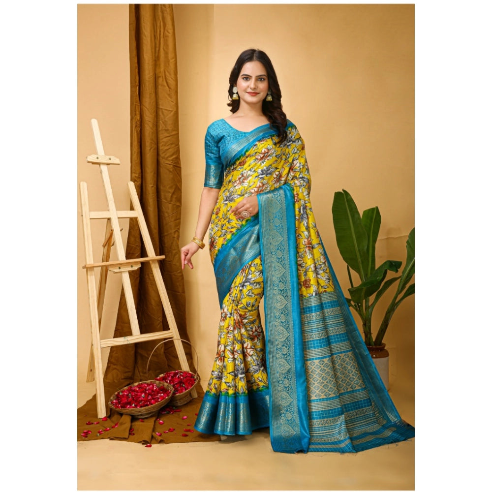 Yellow Kalamkari printed soft Dola cotton saree with unstitched blouse for women, vibrant Indian traditional wear